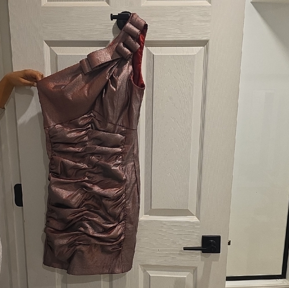 Jessica McClintock Mini Ruched One-Shoulder Dress Red Metalic Christmas Fitted,